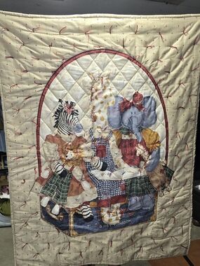 Children's Animal Patchwork Quilt in Cream with Red Accents